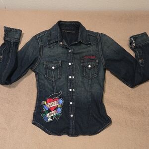 Ed Hardy by Christian Audigier True Love Embroidered Denim Shirt